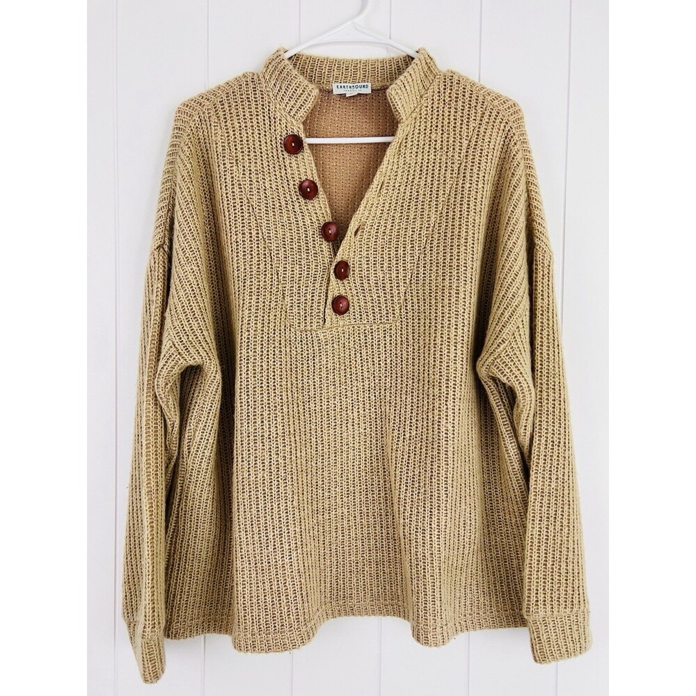 Earthbound Brown Chunky Knit Button Henley Sweater Earthy Boho Womens Size Large